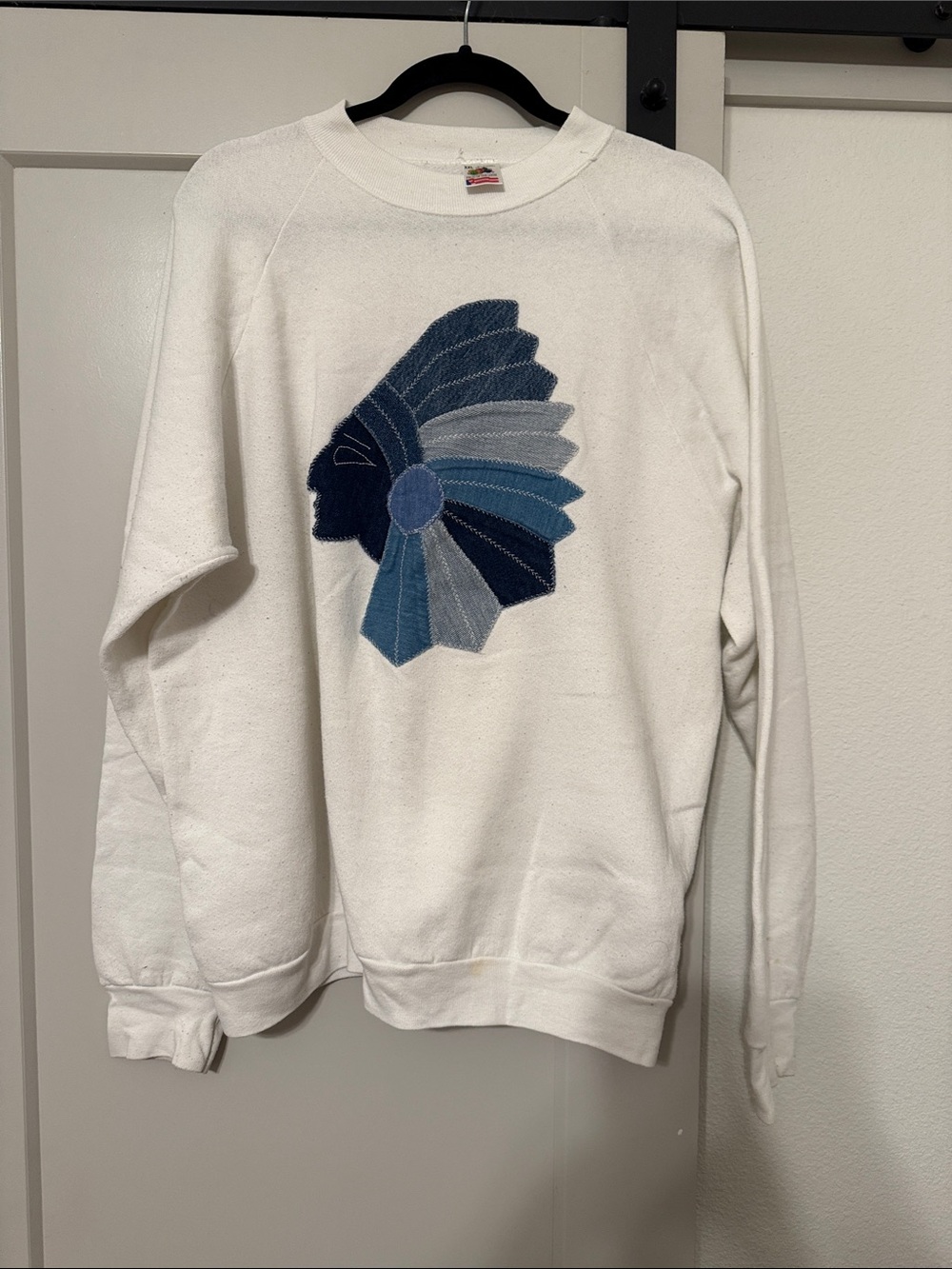 Fruit of the Loom White Crewneck Sweatshirt with Blue Headdress Appliqué